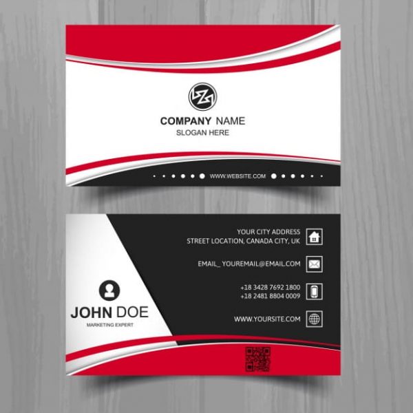 Black business card with red shapes