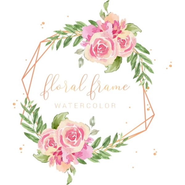 Elegant Gold Frame Watercolor Pink Flowers Illustration (Turbo Premium Space)