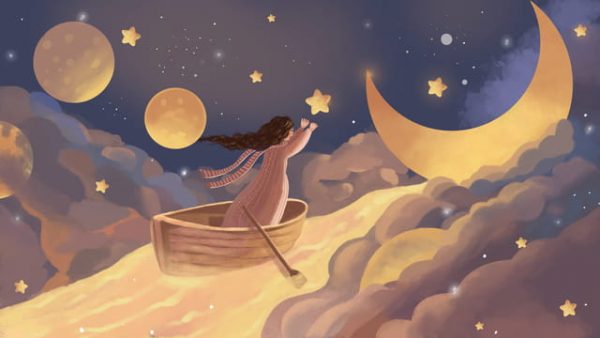 Girl Touching Moon Starry Cure Yellow Illustration Illustration (Turbo Premium Space)