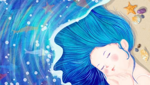 Sea Teenage Girl Blue Hand Painted Fish Illustration (Turbo Premium Space)
