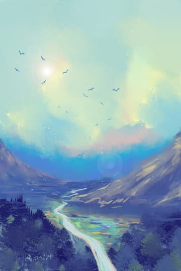 Blue Sky White Forest Mountain Peak Illustration