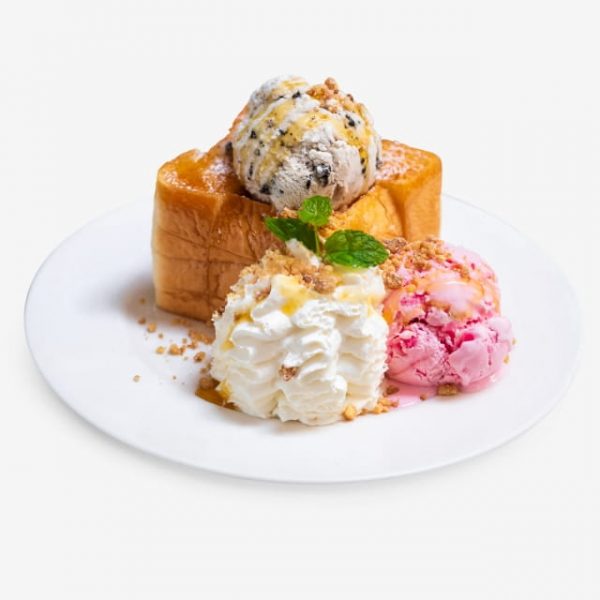 Bread Honey Toast By Almond Slice With Whipping Cream And Ice Cream High Calorie Food